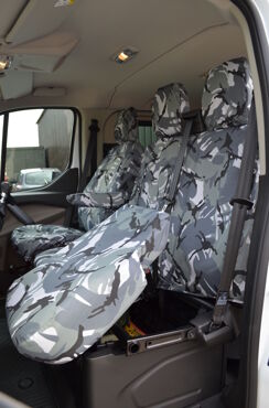 Easy Fit Tailored Van Seat Covers Ford Transit Custom 2023 on - Single & Double with Worktray - Grey Camo